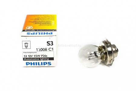 Автолампа 12V S3 15W (P26S) для мотоциклов 12008C1 PHILIPS